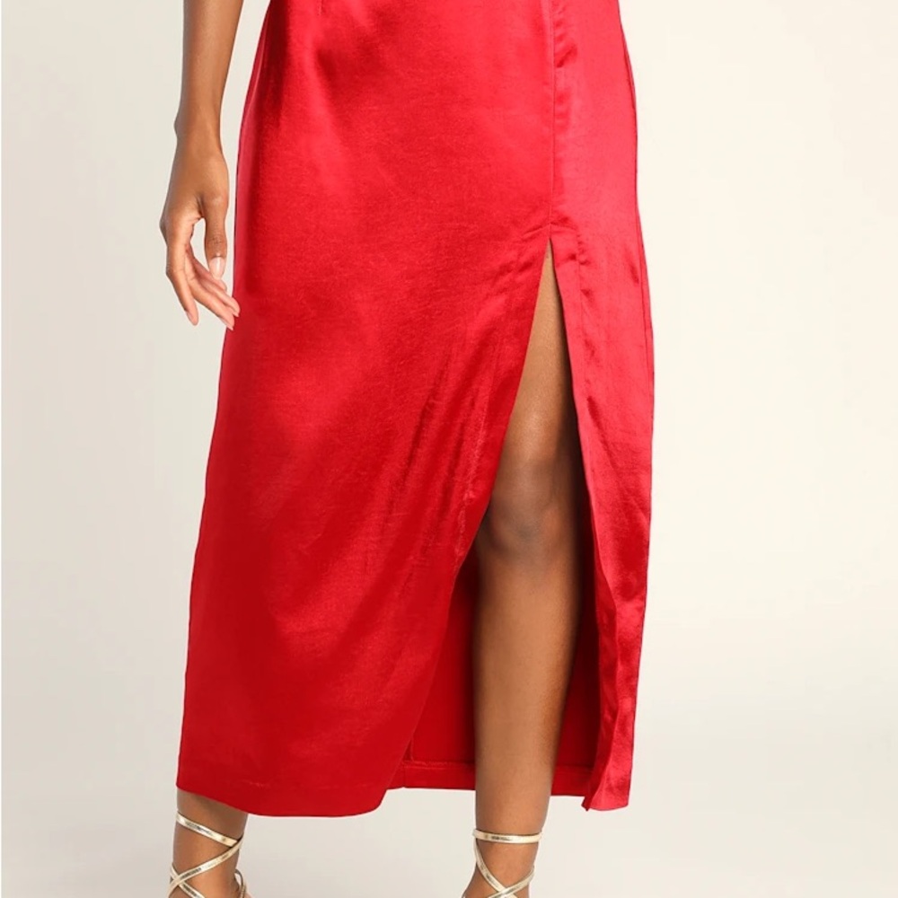 LuLus Red Satin Slit Midi Skirt